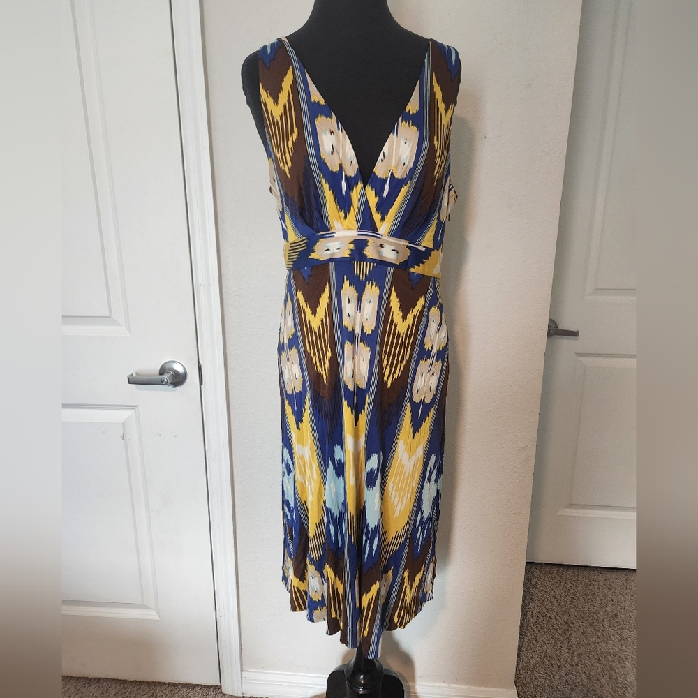 Tory Burch Blue and Yellow V-Neck Midi Dress